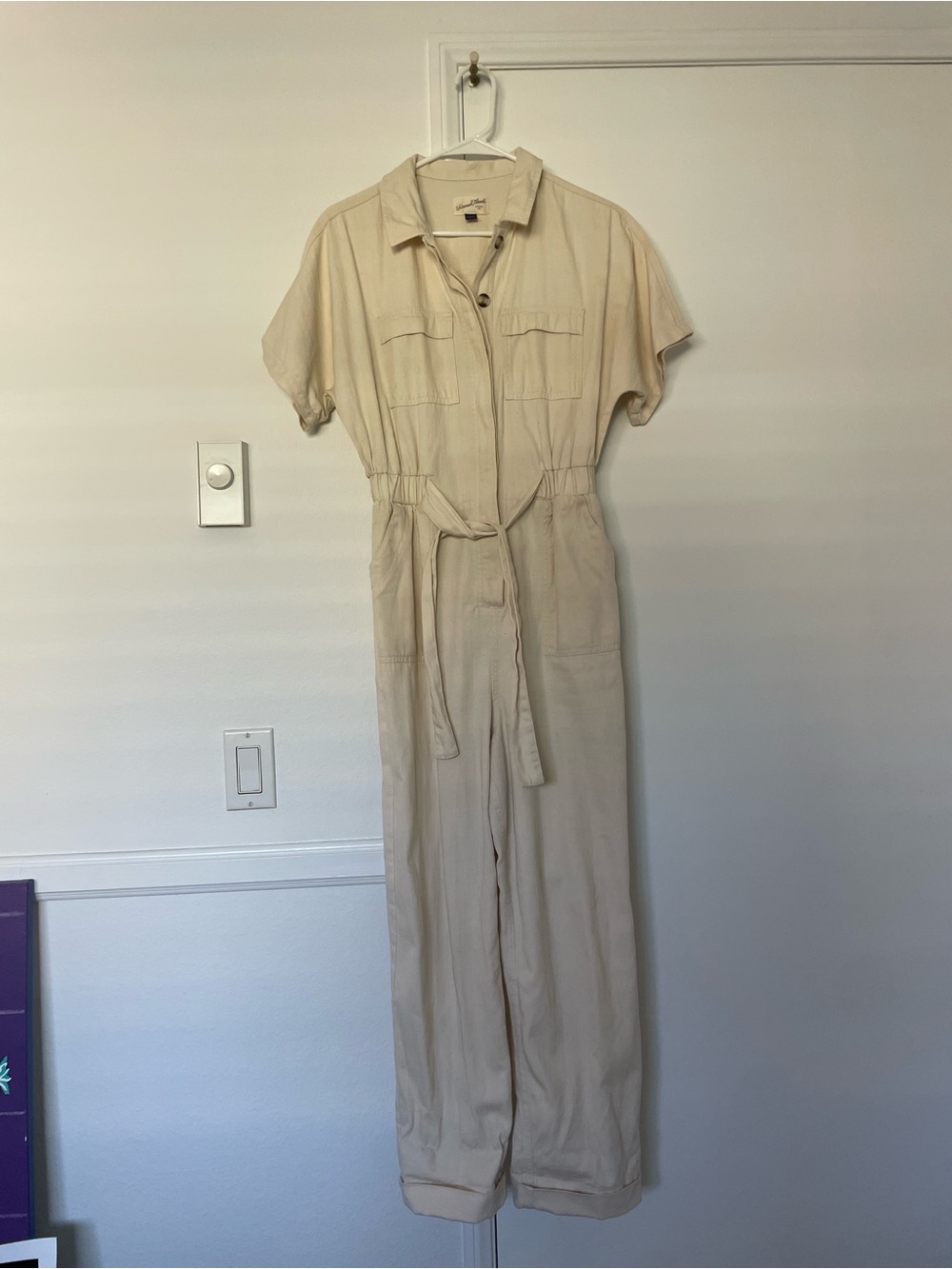 Universal Thread Light Cream Short-Sleeve Utility Jumpsuit with Tie Waist